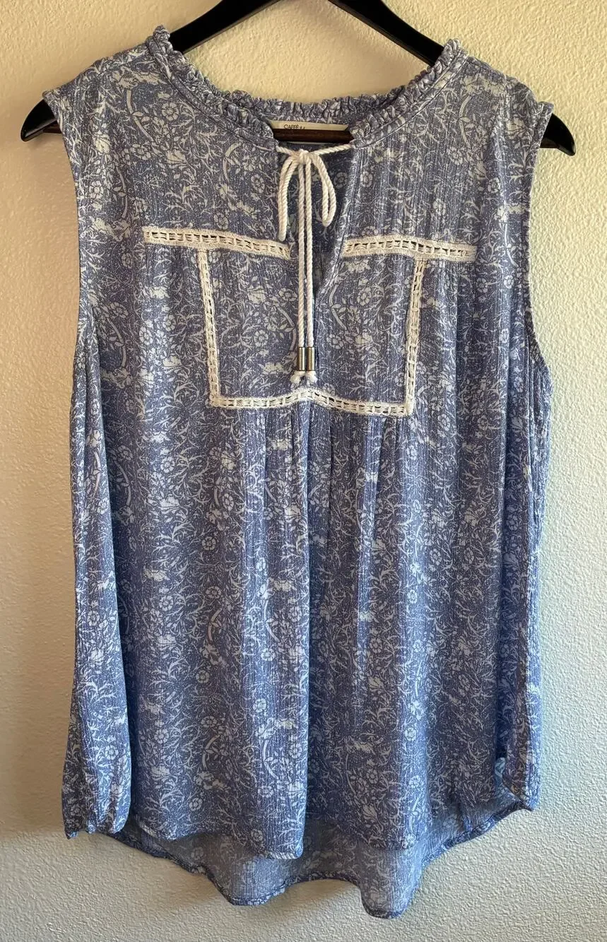 CAFFE MARRAKESH | Blue White Paisley Boho Sleeveless Tank 100% Rayon | Large